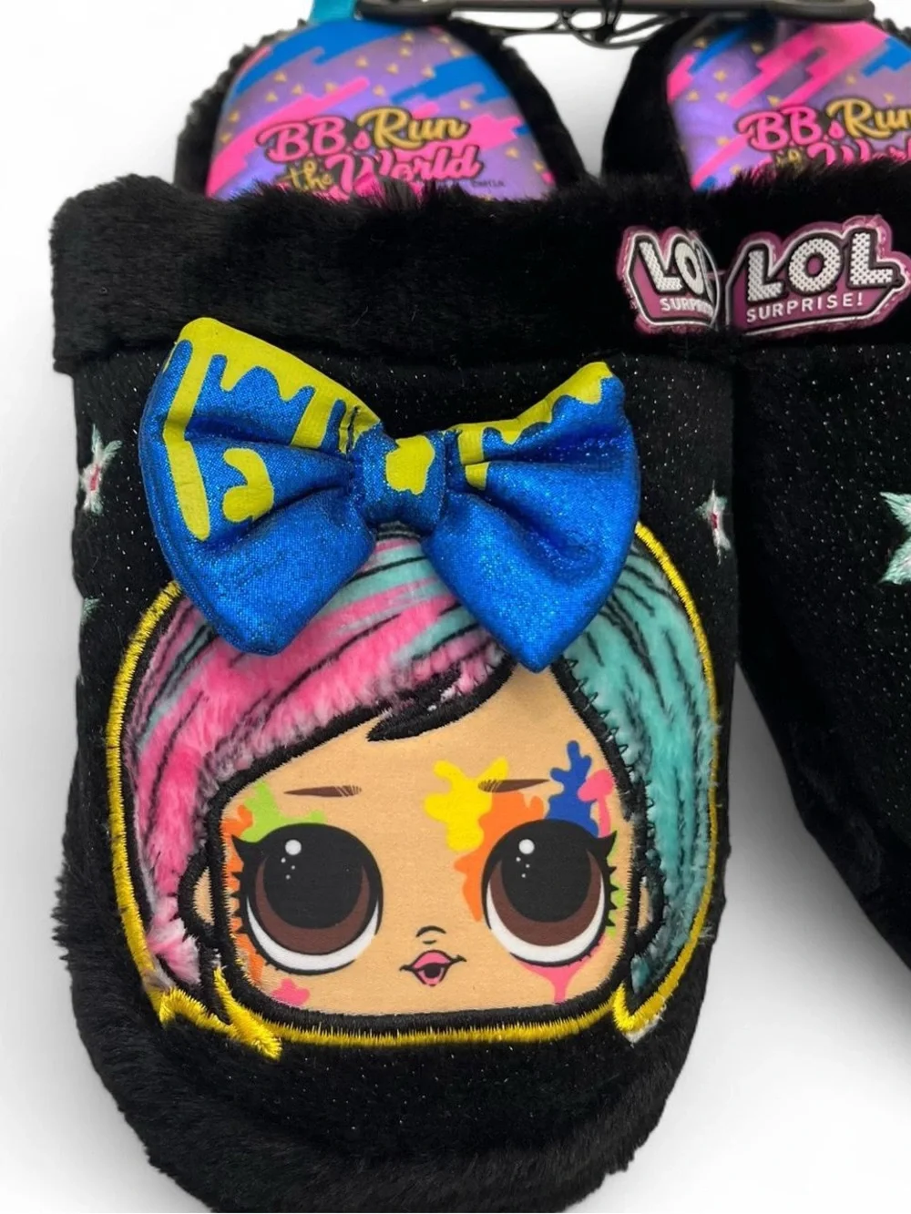 13C 1Y Girls Slippers L.O.L Surprise Black Multicolor 3D Bow Sparkly Cozy NWT